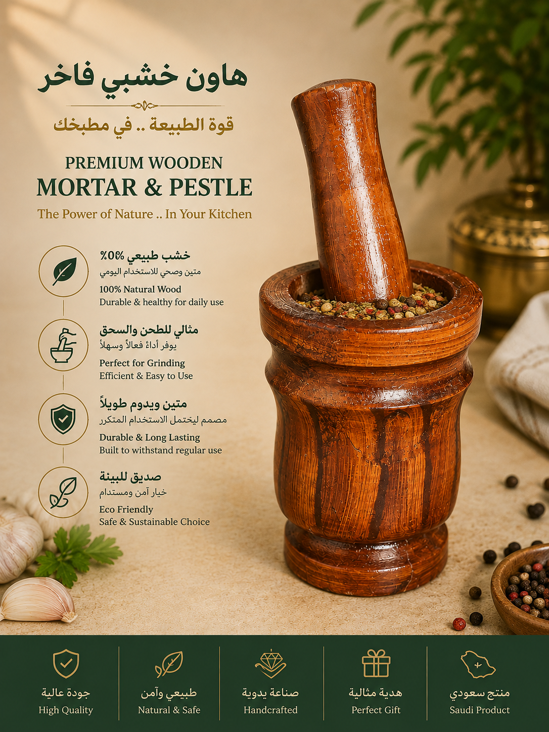 Premium Wooden Mortar &amp; Pestle – Natural Wood Kitchen Grinder