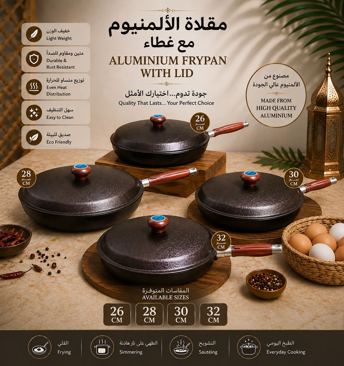 Aluminium Frypan with Lid – Available in 26, 28, 30 & 32 cm