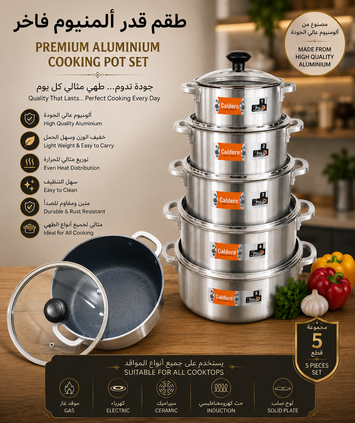 Premium Aluminium Cooking Pot Set – 5 Pieces with Glass Lids