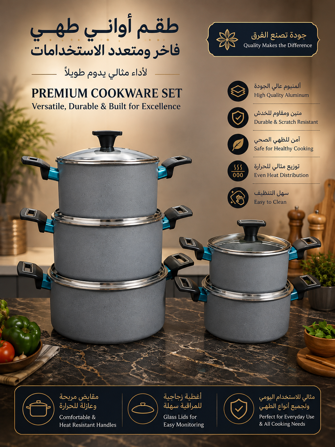 Premium Marble Coating Aluminum Cookware Set with Glass Lids
