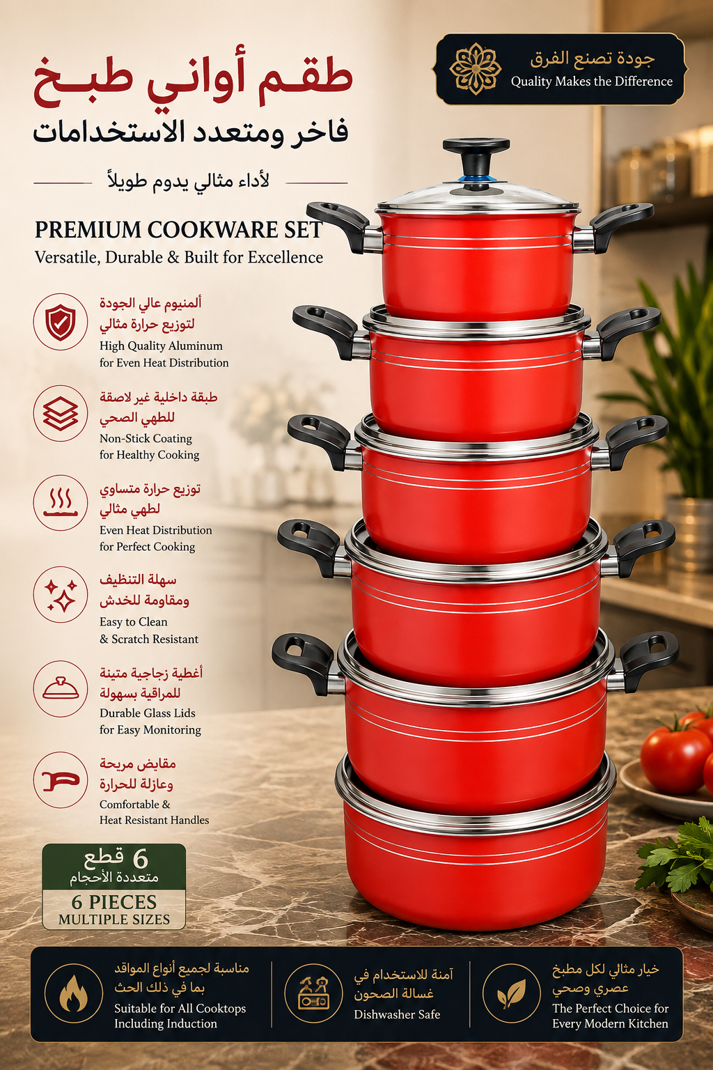 Premium 6-Piece Cookware Set – Non-Stick Aluminum Pots with Glass Lids