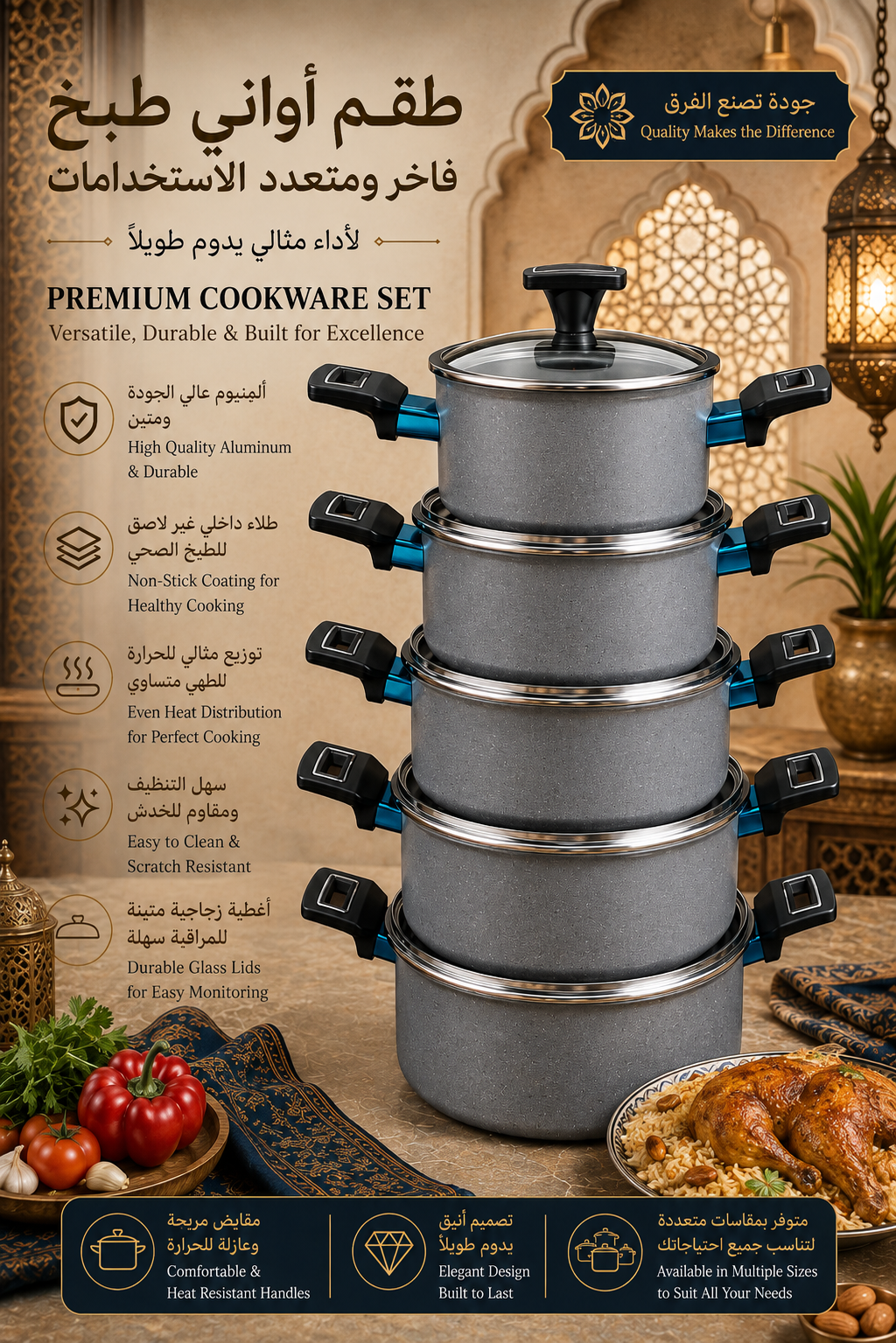 Premium Marble Coating Aluminum Cookware Set with Glass Lids