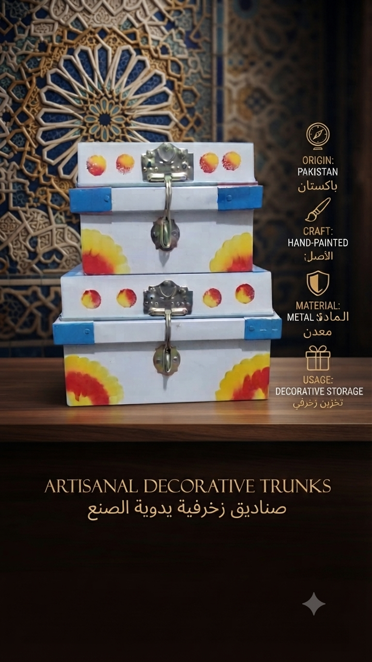 Hand-Painted Decorative Metal Storage Trunks Set