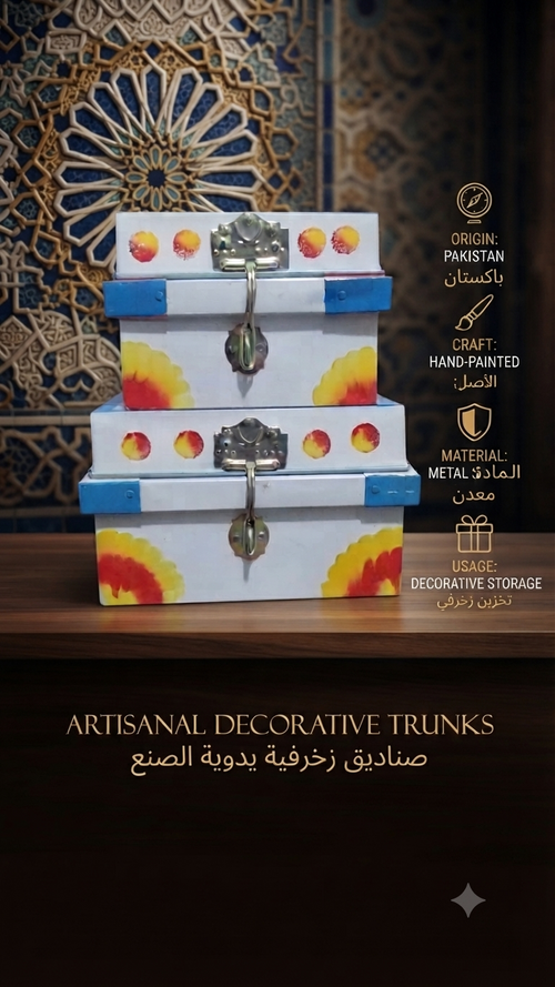 Hand-Painted Decorative Metal Storage Trunks Set