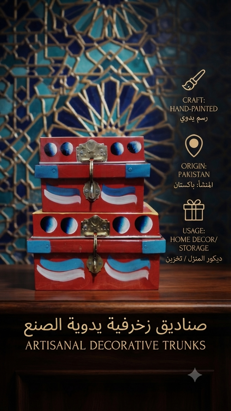 Hand-Painted Decorative Metal Storage Trunks Set