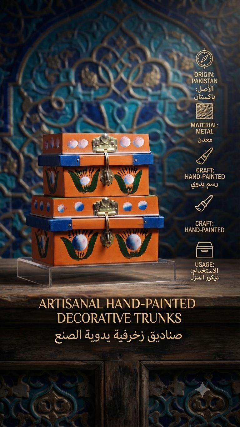 Hand-Painted Decorative Metal Storage Trunks Set
