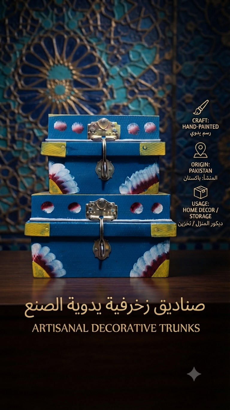 Hand-Painted Decorative Metal Storage Trunks Set