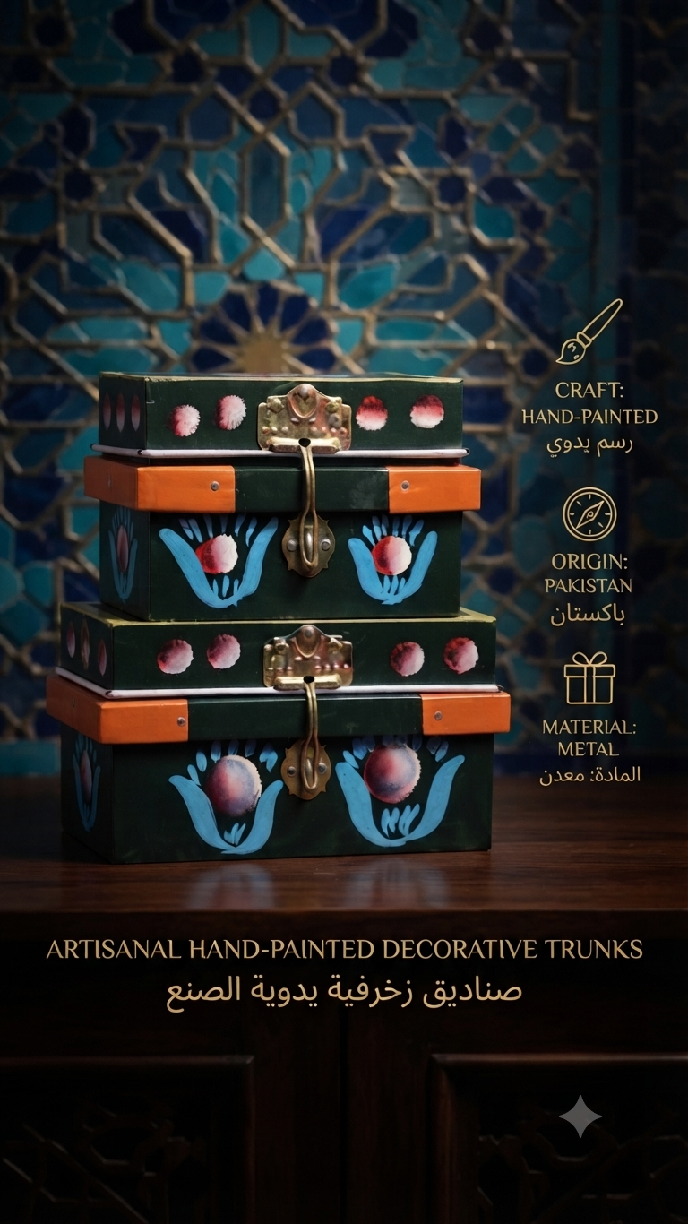Hand-Painted Decorative Metal Storage Trunks Set